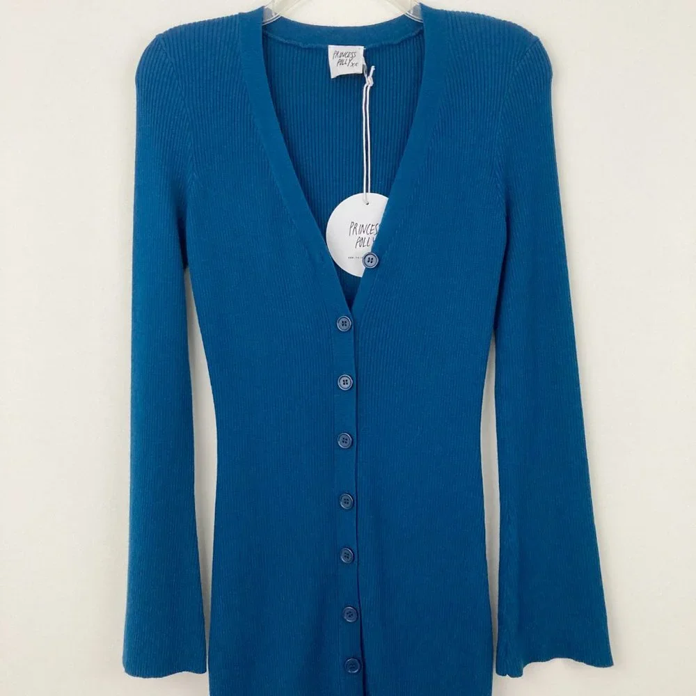 NWT Princess Polly Isadora Mini Dress Navy Blue Size L/XL Long Sleeve Ribbed - Picture 4 of 9